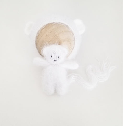 |RTS| Truly White Knit Fuzzy Bear Bonnet + Bear Lovie Set