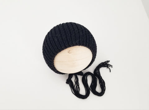 |RTS| Black Cotton Blend Rib Knit Bonnet