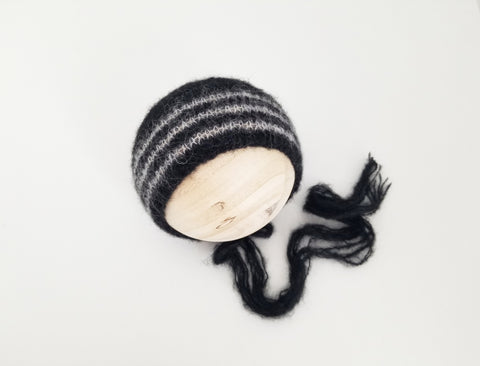 |RTS| Black Alpaca Blend Knit Bonnet w/ ivory stripes