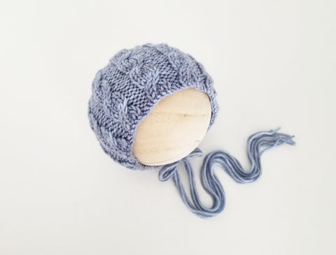 |RTS| Vintage Blue Wool Knit Cabled Bonnet