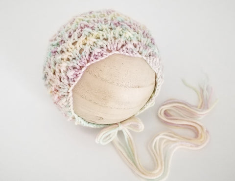 |RTS| Pastel Rainbow Wool Knit Textured Lace Bonnet