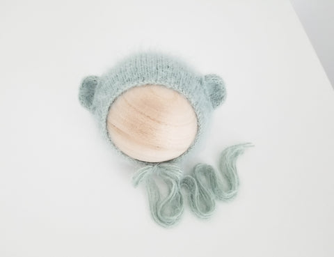 |RTS| Honeydew Fuzzy Knit Bear Bonnet