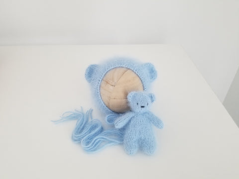 |RTS| baby blue luxe angora knit bear bonnet + bear lovie set