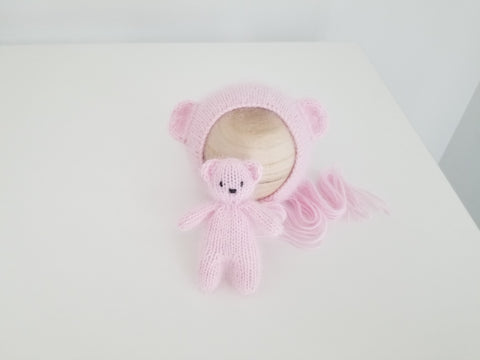 |RTS| baby pink luxe angora knit bear bonnet + bear lovie set
