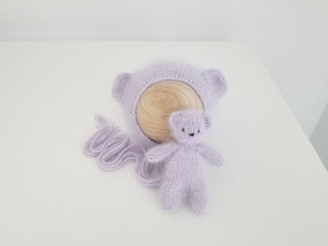 |RTS| light lavender luxe angora knit bear bonnet + bear lovie set