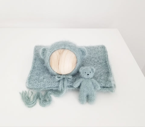 Egg Blue Fuzzy Knit Bear Bonnet + Bear Lovie + Wrap Set