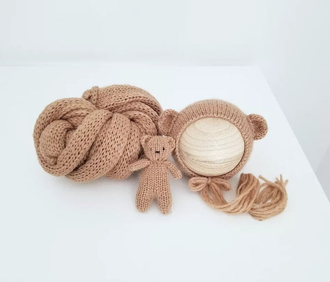 |RTS| Russet Knit Bear Bonnet + Lovie + Wrap Set