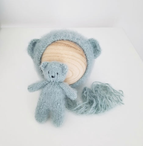 [special preorder] Egg Blue Fuzzy Knit Bear Set