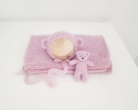 |RTS| vintage pink mohair/silk knit bear bonnet + bear lovie + wrap set