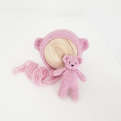 |RTS| Pink Alpaca Blend Knit Bear Bonnet + Bear Lovie Set