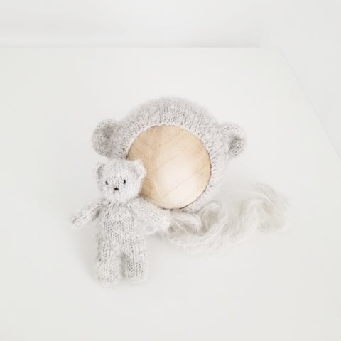 |RTS| Pearl Gray Brushed Alpaca Knit Bear Bonnet + Bear Lovie Set